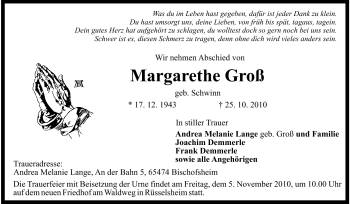 Traueranzeige von Margarethe Groß von Rüsselsheimer Echo, Groß-Gerauer-Echo, Ried Echo