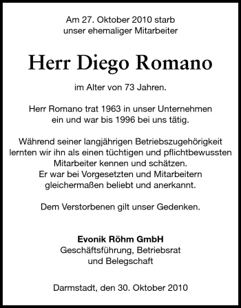 Traueranzeige von Diego Romano von Echo-Zeitungen (Gesamtausgabe)