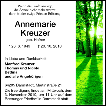 Traueranzeige von Anna Maria Kreuzer von Darmstädter Echo, Odenwälder Echo, Rüsselsheimer Echo, Groß-Gerauer-Echo, Ried Echo