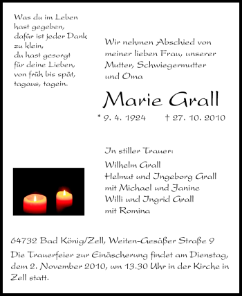 Traueranzeige von Marie Grall von Odenwälder Echo