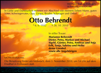 Traueranzeige von Otto Behrendt von Darmstädter Echo, Odenwälder Echo, Rüsselsheimer Echo, Groß-Gerauer-Echo, Ried Echo Traueranzeige von Otto Behrendt von Darmstädter Echo, Odenwälder Echo, Rüsselsheimer Echo, Groß-Gerauer-Echo, Ried Echo