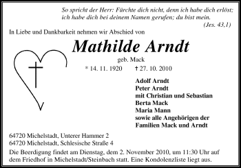 Traueranzeige von Mathilde Arndt von Odenwälder Echo