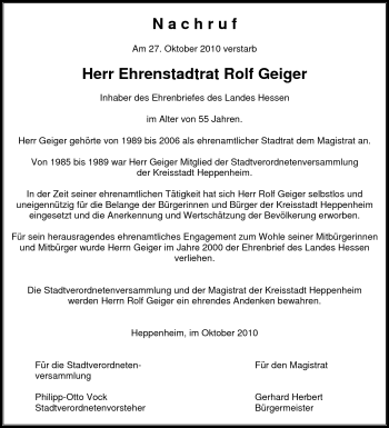 Traueranzeige von Rolf Geiger von Starkenburger Echo