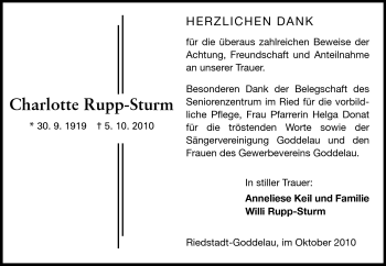 Traueranzeige von Charlotte Rupp-Sturm von Rüsselsheimer Echo, Groß-Gerauer-Echo, Ried Echo