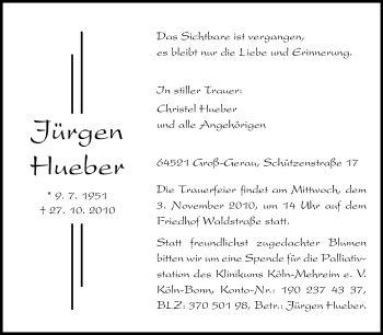 Traueranzeige von Jürgen Hueber von Rüsselsheimer Echo, Groß-Gerauer-Echo, Ried Echo