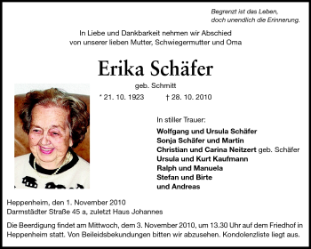 Traueranzeige von Erika Schäfer von Starkenburger Echo
