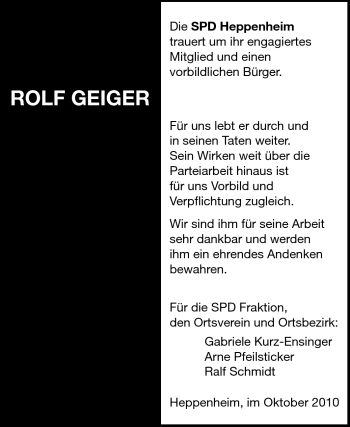 Traueranzeige von Rolf Geiger von Starkenburger Echo