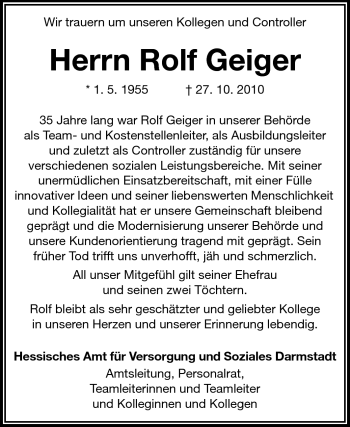 Traueranzeige von Rolf Geiger von Starkenburger Echo