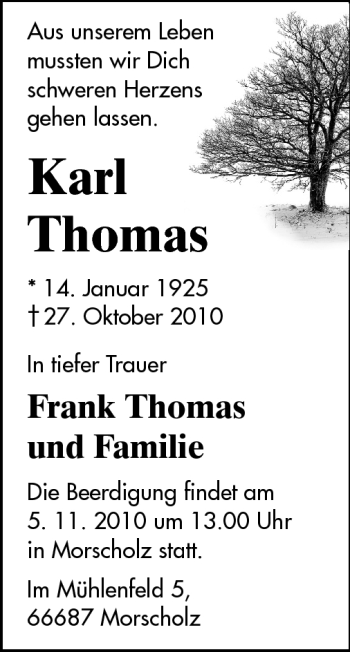 Traueranzeige von Karl Thomas von Rüsselsheimer Echo, Groß-Gerauer-Echo, Ried Echo