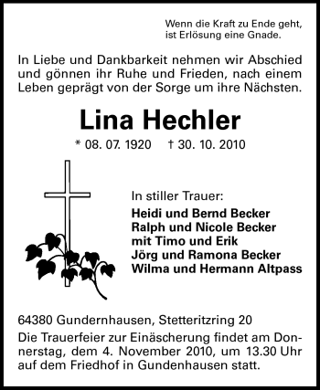 Traueranzeige von Lina Hechler  von Echo-Zeitungen (Gesamtausgabe)