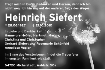 Traueranzeige von Heinrich Siefert  von Odenwälder Echo