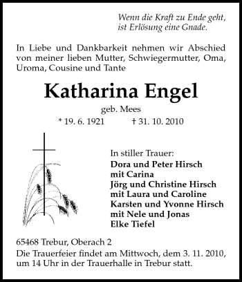 Traueranzeige von Katharina Engel von Rüsselsheimer Echo, Groß-Gerauer-Echo, Ried Echo