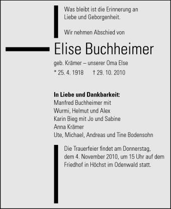 Traueranzeige von Elise Buchheimer von Odenwälder Echo Traueranzeige von Elise Buchheimer von Odenwälder Echo