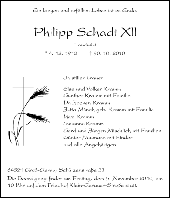 Traueranzeige von Philipp Schadt XII von Rüsselsheimer Echo, Groß-Gerauer-Echo, Ried Echo