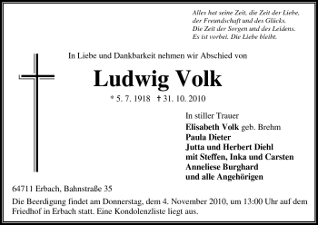 Traueranzeige von Ludwig Volk von Odenwälder Echo