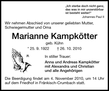 Traueranzeige von Marianne Kampkötter von Odenwälder Echo