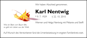 Traueranzeige von Karl Nentwig von Darmstädter Echo, Odenwälder Echo, Rüsselsheimer Echo, Groß-Gerauer-Echo, Ried Echo