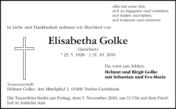 Traueranzeige von Elisabetha Golke von Rüsselsheimer Echo, Groß-Gerauer-Echo, Ried Echo