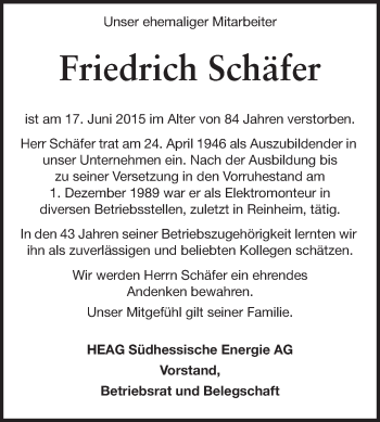Traueranzeige von Friedrich Schäfer von Echo-Zeitungen (Gesamtausgabe)