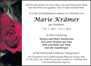 Traueranzeige von Marie Krämer von Odenwälder Echo