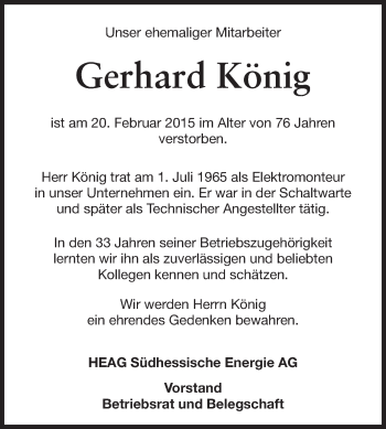 Traueranzeige von Gerhard König von Echo-Zeitungen (Gesamtausgabe)