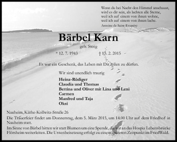 Traueranzeige von Bärbel Karn von Rüsselsheimer Echo, Groß-Gerauer-Echo, Ried Echo