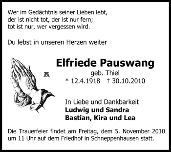 Traueranzeige von Elfriede Pauswang von Echo-Zeitungen (Gesamtausgabe)