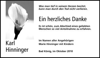 Traueranzeige von Karl Hinninger von Odenwälder Echo