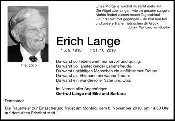 Traueranzeige von Erich Lange von Echo-Zeitungen (Gesamtausgabe) Traueranzeige von Erich Lange von Echo-Zeitungen (Gesamtausgabe)
