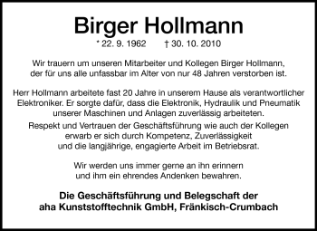 Traueranzeige von Birger Hollmann von Odenwälder Echo