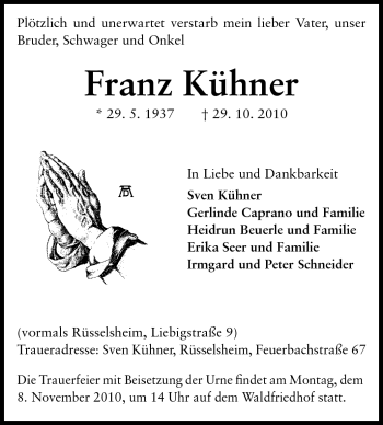 Traueranzeige von Franz Kühner von Rüsselsheimer Echo, Groß-Gerauer-Echo, Ried Echo