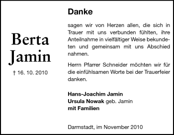 Traueranzeige von Berta Jamin von Darmstädter Echo, Odenwälder Echo, Rüsselsheimer Echo, Groß-Gerauer-Echo, Ried Echo