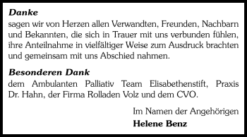 Traueranzeige von Heinz Benz von Echo-Zeitungen (Gesamtausgabe)