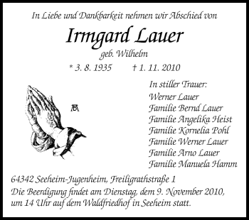 Traueranzeige von Irmgard Lauer von Echo-Zeitungen (Gesamtausgabe)