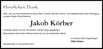 Traueranzeige von Jakob Körber von Echo-Zeitungen (Gesamtausgabe)