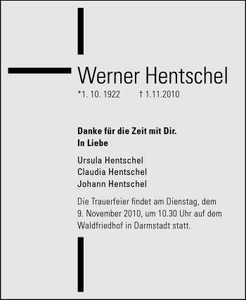 Traueranzeige von Werner Hentschel von Echo-Zeitungen (Gesamtausgabe)