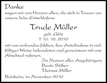 Traueranzeige von Trude Müller von Echo-Zeitungen (Gesamtausgabe)