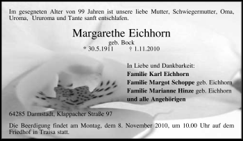 Traueranzeige von Margarethe Eichhorn von Darmstädter Echo, Odenwälder Echo, Rüsselsheimer Echo, Groß-Gerauer-Echo, Ried Echo