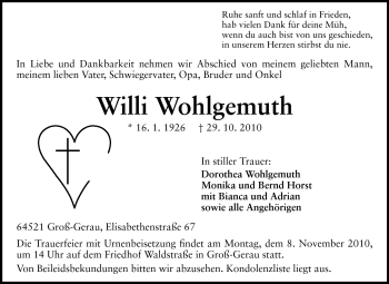 Traueranzeige von Willi Wohlgemuth von Rüsselsheimer Echo, Groß-Gerauer-Echo, Ried Echo