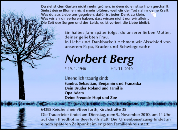 Traueranzeige von Norbert Berg von Odenwälder Echo