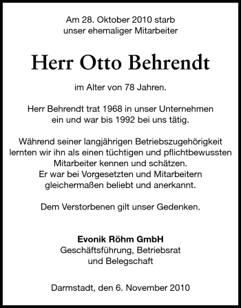 Traueranzeige von Otto Behrendt von Darmstädter Echo, Odenwälder Echo, Rüsselsheimer Echo, Groß-Gerauer-Echo, Ried Echo Traueranzeige von Otto Behrendt von Darmstädter Echo, Odenwälder Echo, Rüsselsheimer Echo, Groß-Gerauer-Echo, Ried Echo