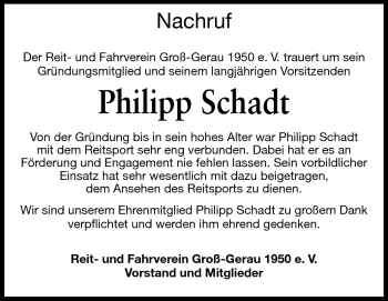 Traueranzeige von Philipp Schadt XII von Rüsselsheimer Echo, Groß-Gerauer-Echo, Ried Echo