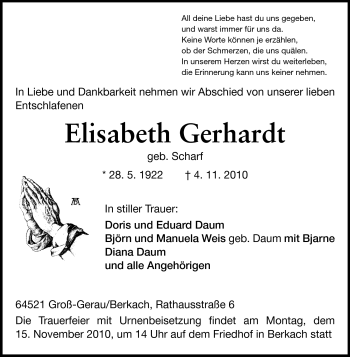 Traueranzeige von Elisabeth Gerhardt von Rüsselsheimer Echo, Groß-Gerauer-Echo, Ried Echo