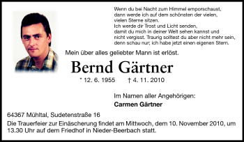 Traueranzeige von Bernd Gärtner von Darmstädter Echo, Odenwälder Echo, Rüsselsheimer Echo, Groß-Gerauer-Echo, Ried Echo