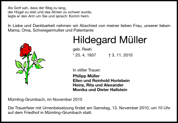 Traueranzeige von Hildegard Müller von Odenwälder Echo