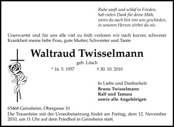 Traueranzeige von Waltraud Twisselmann von Rüsselsheimer Echo, Groß-Gerauer-Echo, Ried Echo