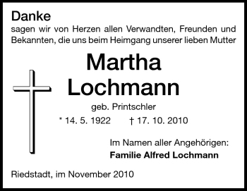 Traueranzeige von Martha Lochmann von Rüsselsheimer Echo, Groß-Gerauer-Echo, Ried Echo