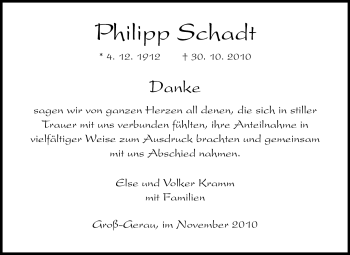 Traueranzeige von Philipp Schadt XII von Rüsselsheimer Echo, Groß-Gerauer-Echo, Ried Echo