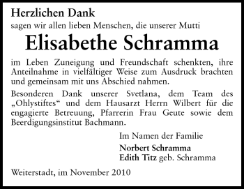 Traueranzeige von Elisabethe Schramma von Darmstädter Echo, Odenwälder Echo, Rüsselsheimer Echo, Groß-Gerauer-Echo, Ried Echo