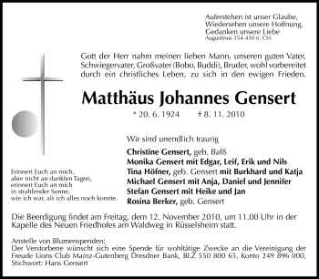 Traueranzeige von Matthias Johannes Gensert von Rüsselsheimer Echo, Groß-Gerauer-Echo, Ried Echo